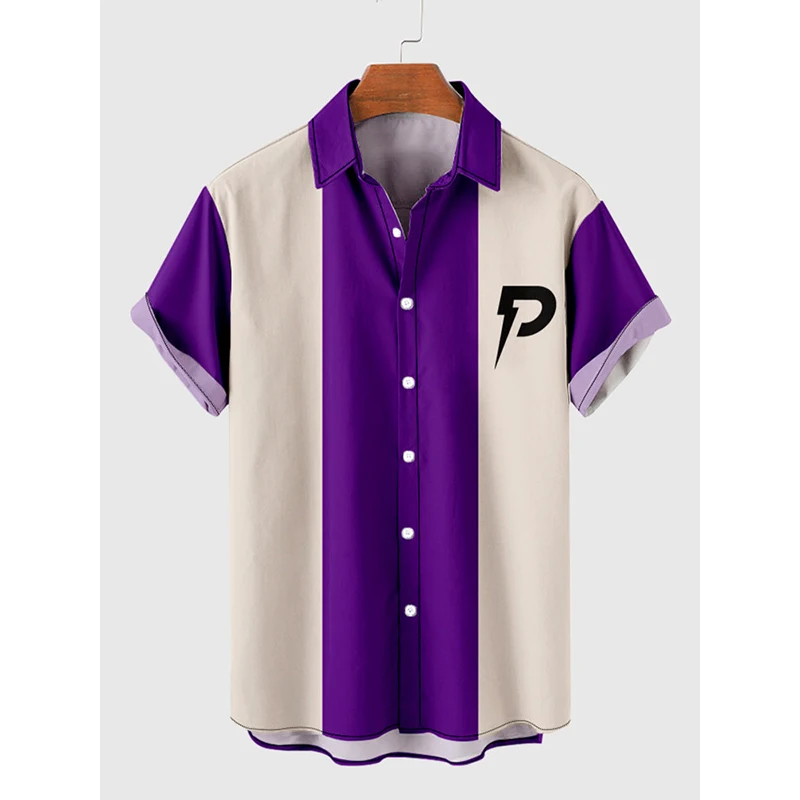 

Vintage Beige And Purple Stitching And Letter P Printing Men‘s Holiday Breathable Short Sleeve Tee Shirt
