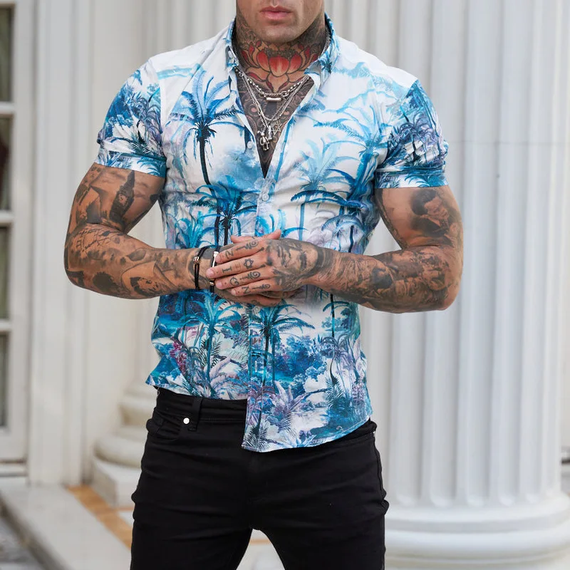 New Casual Men Slim Fit Print Party Club Shirt Fashio Brand Printed Shirt Spring and Autumn Men Fashion Trend Shor Sleeve Shirt
