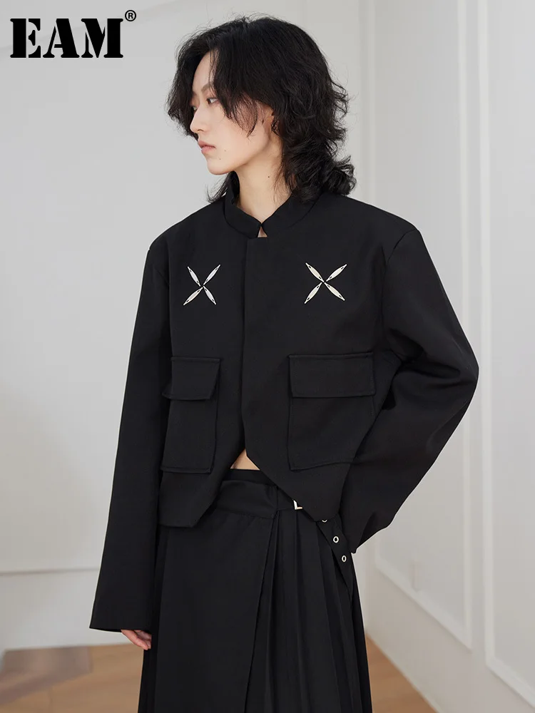 

[EAM] Women Black Cut-out Big Size Irregular Blazer New Lapel Long Sleeve Jacket Fashion Tide Spring Autumn 2023 1DF3661