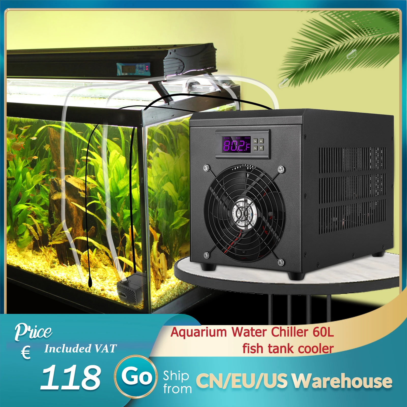 

Aquarium Water Chiller 60L Fish Tank Cooler Heater System 10-40℃ Setting Constant Fish Shrimp Breeding Aquaculture with Pump