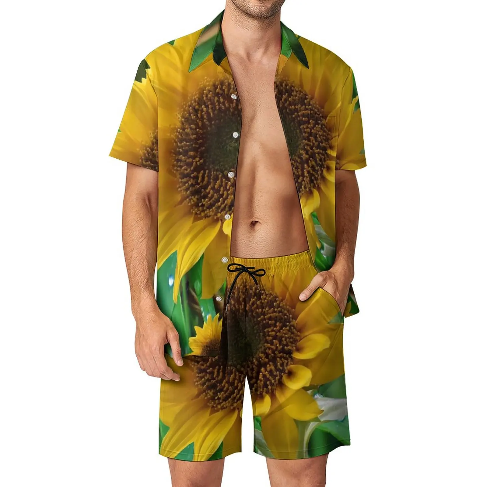 

Nature Sunflower Men Sets Green Leaf Print Casual Shorts Summer Retro Fitness Outdoor Shirt Set Short Sleeve Big Size Suit Gift