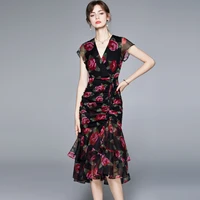 banulin women summer elegant mesh dress festa high quality office party robe femme runway red floral designer trumpet vestidos