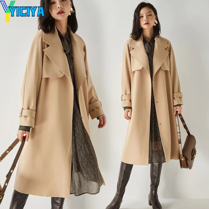 

YICIYA Women's Windbreaker Mid-length Coats Khaki Straight Tube Type Spring Winter European Simple Temperament Grey Trench Coat