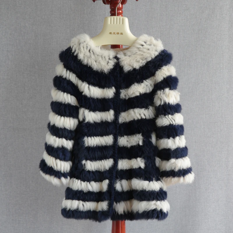 Slightly Elastic Color Matching Striped Rex Rabbit Fur Jacket Wool Hand-Woven Fur Coat Mid-Length Round Neck Leather Fur Coats