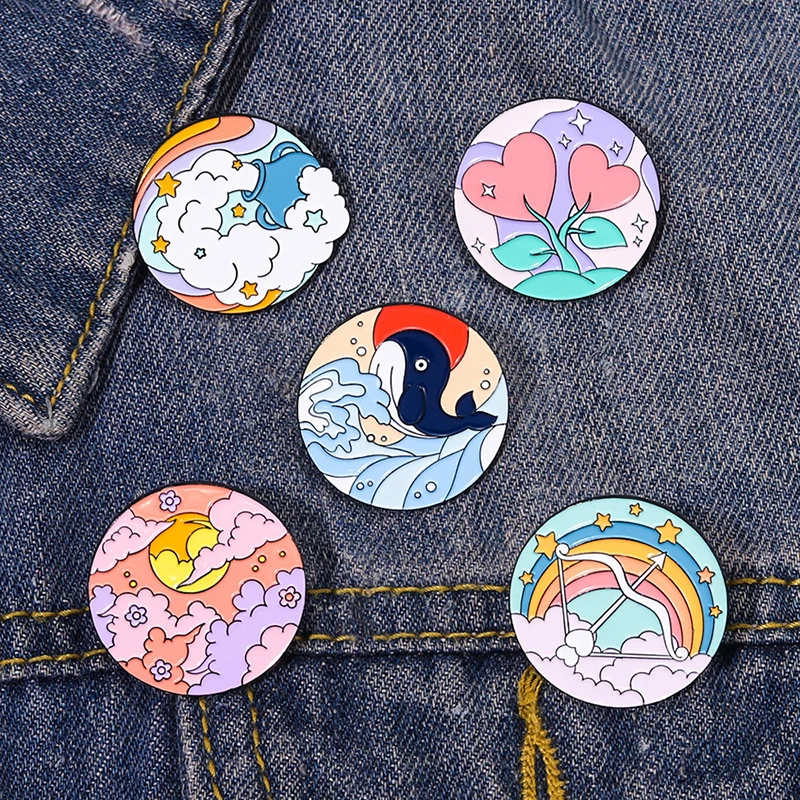 

1PC Sweet Geometric Round Beach Dolphin Spray Rainbow Design Metal Enamel Brooch Cartoon Cute Badge Pin Jewelry Accessories Gift