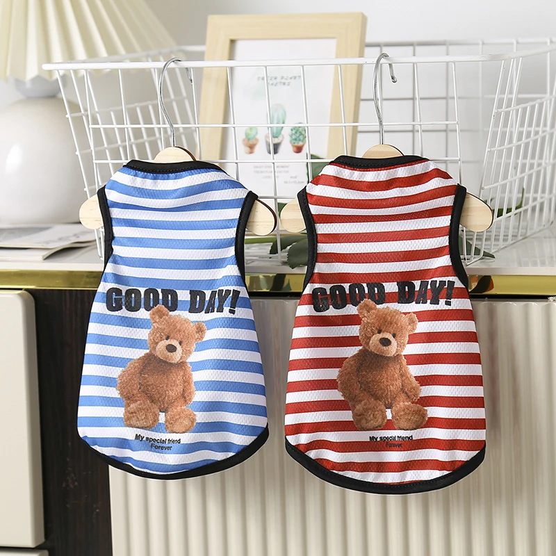 

New Striped Pet Dog Clothes Thin Breathable Vest Clothes For Small Dog Cartoon Bear Puppy T-shirt Chihuahua Yorkies Pet Clothing