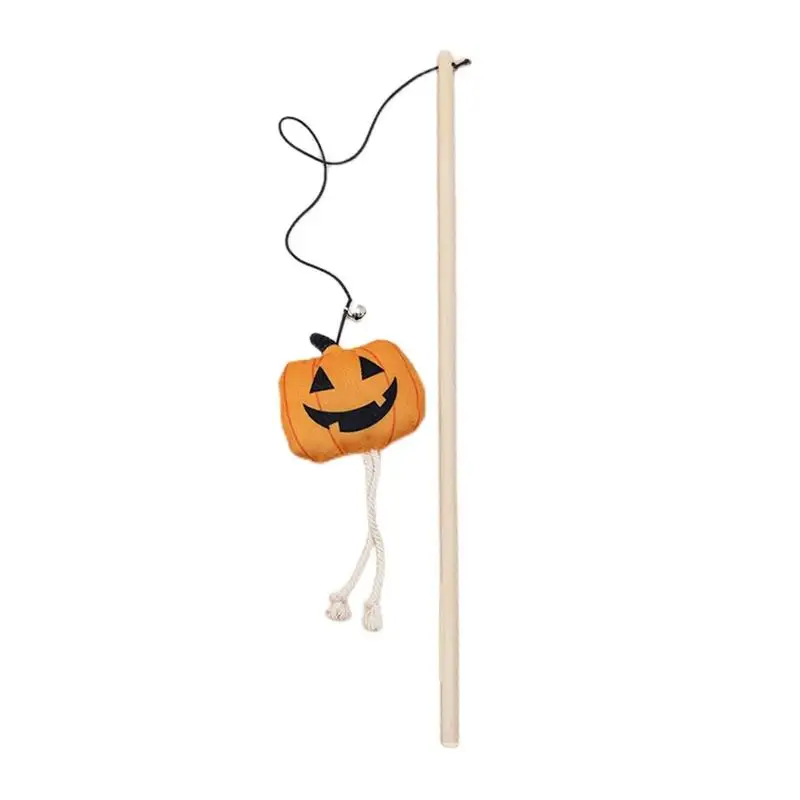 

Halloween Cat Wand Toy Cute Cat Teaser Stick Interactive Cat Toy With Bell Kitten Ghost Skeleton Pumpkin Wooden Cat Stick Toy