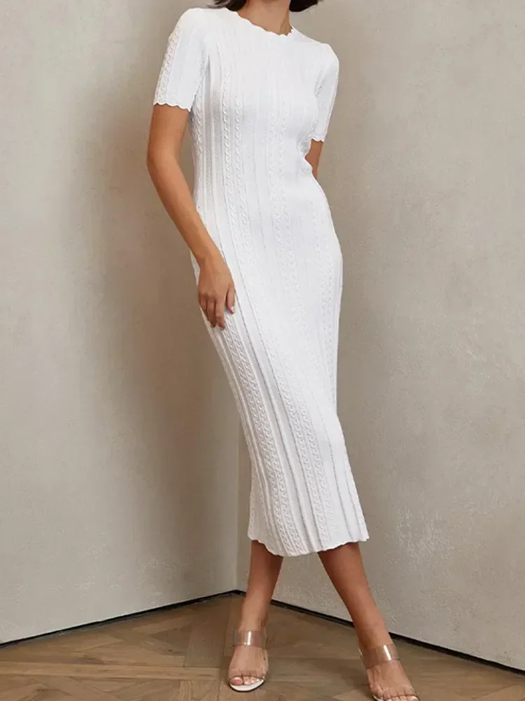 Уличная одежда винтажное облегающее платье миди с круглым вырезом и короткими