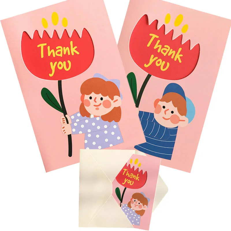 

5pc Cute Boy Girl Thank you Gift Cards Envelope Anniversary Valentines Day Flower Love Postcard Wedding Invitation Greeting Card