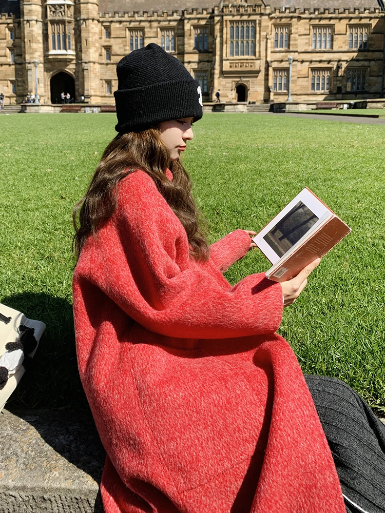 Red Korean Fashion Double-sided Wool coat Women 2024 Autumn and Winter New Design Thickened Warm Woolen Jacket