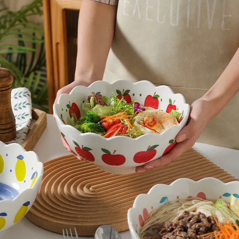 

Ceramic Bowl Wavy Side Bowl Cute Fruit Printing Underglaze Color Tableware Soup Bowl Salad Bowl Microwaveable Large Bowl