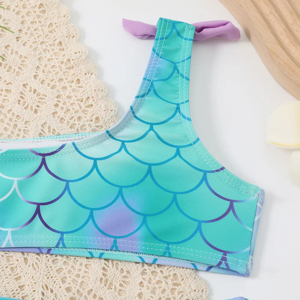 Fish Scale Print Girl Swimsuit Kids Mermaid Two Piece Children's Swimwear One Shoulder Bikini Set 2-8 Years Toddler Bathing Suit