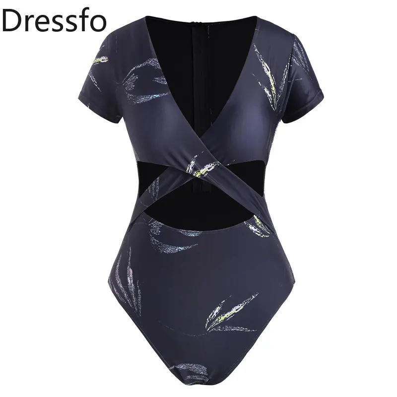 

Dressfo Leaf Print Criss Cross Cutout Short Sleeve One-piece Swimsuit Women Bathing Set Swimwear Bikini Beachwear 2023