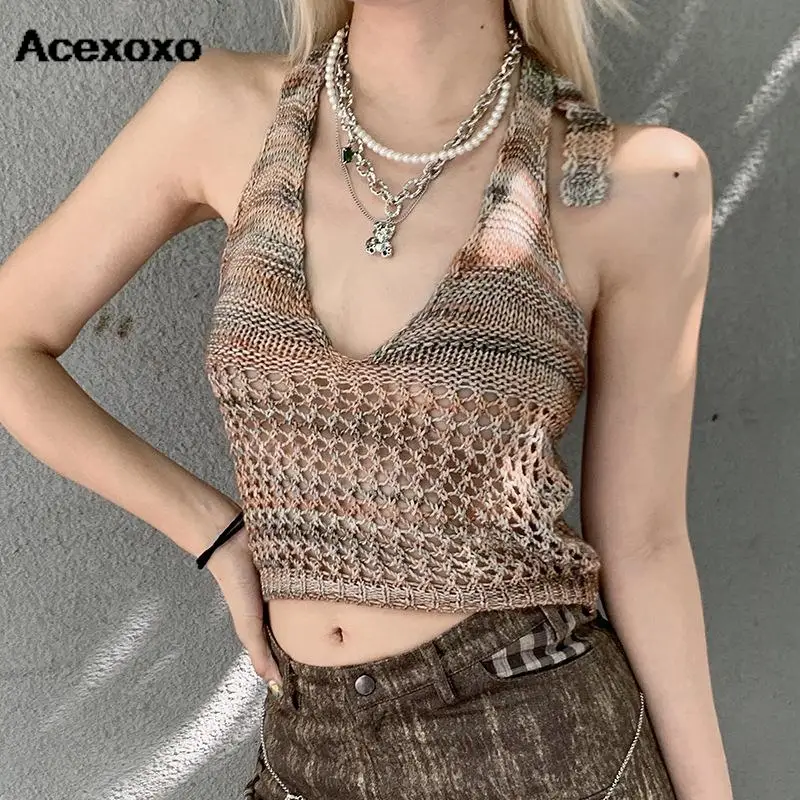 Hair Lapel Small Vest 2023 Deep V-neck Holiday Cutout Feminine Perspective Sexy Backless Spice Ceiling