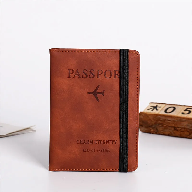 Elastic Band Leather Passport Cover RFID Blocking for Cards Travel Passport Holder Wallet Document Organizer Case Men Women