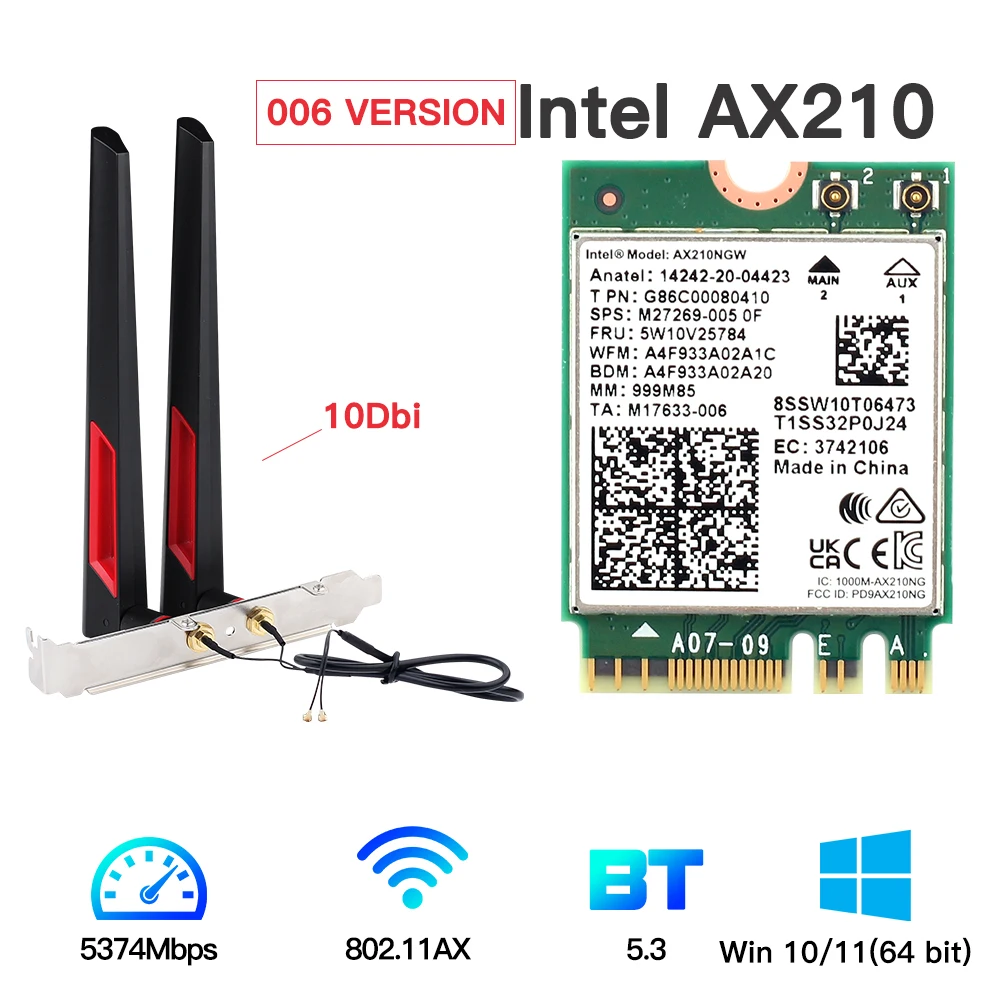 Трехдиапазонная 5374 Мбит/с Wi-Fi 6E Intel AX210 M.2 Wifi беспроводная карта Bluetooth 5,3 802.11ac/ax AX210NGW с 10dbi антеннами для Win 10