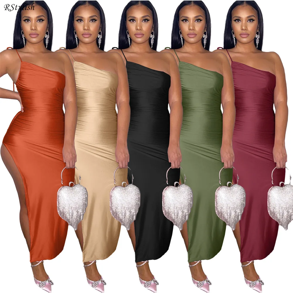 

RStylish One Shoulder Sleeveless Dresses Women Split High Waist Ruched Long Bodycon Dress Summer Birthday Party Elegant Outfits