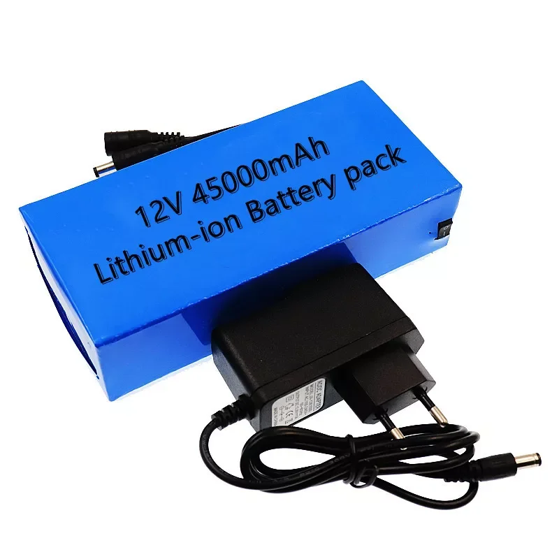 100% New Portable 12v 45000mAh 18650 Lithium-ion Battery pack DC 12.6V 45Ah battery With bms+12.6V 1A US EU Charger