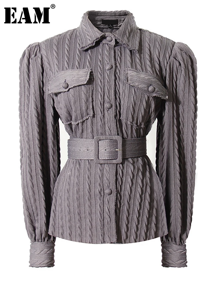 

[EAM] Gray Vintage Belted Knitting Cardigan Sweater Loose Fit Lapel Long Sleeve Women New Fashion Autumn Winter 2023 1DD3603