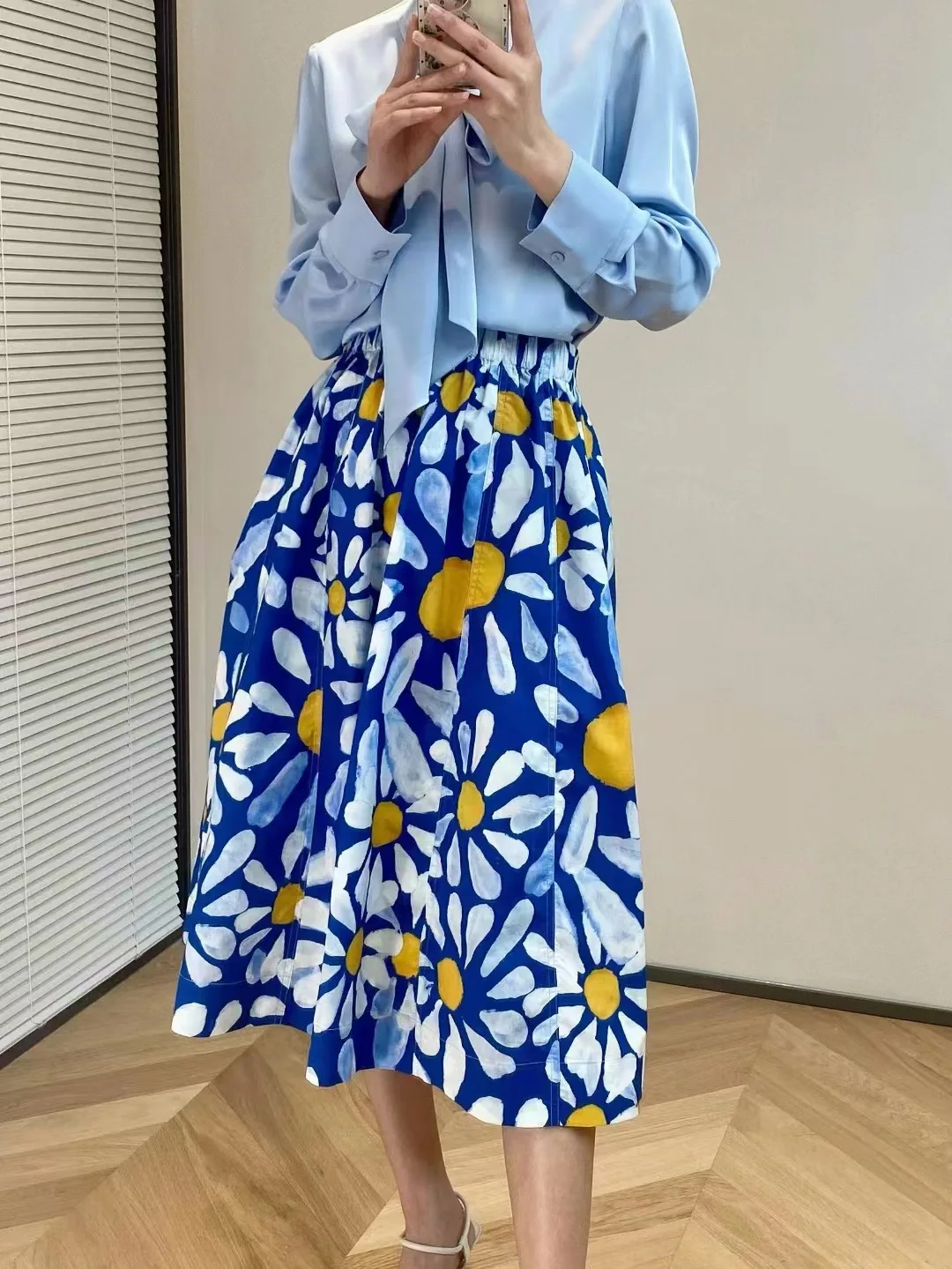 

Женская хлопковая Юбка-миди с цветочным принтом, эластичным поясом и боковым карманом