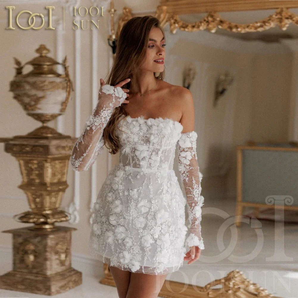 IOOISUN Короткие свадебные платья с 3D цветами Русалка со съемными рукавами Vestidos De Novia
