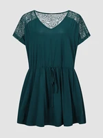finjani lace panel raglan sleeve drawstring waist dress solid v neck short sleeved plus size midi dresses for women