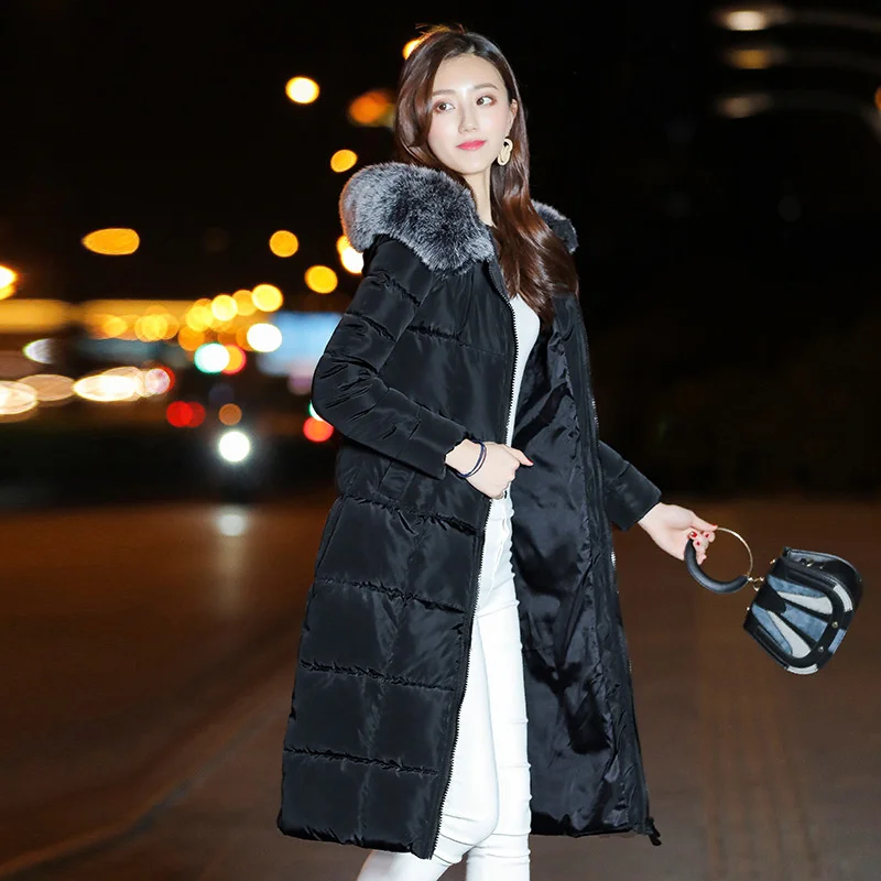 Cotton padded lengthened style 2021 autumn and winter new wool collar Korean loose