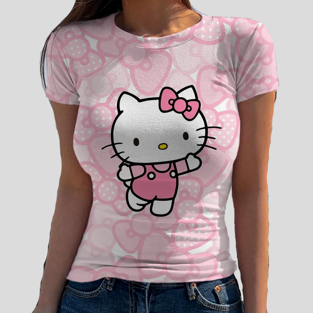 Женская футболка с круглым вырезом и принтом Hello Kitty эластичная Базовая