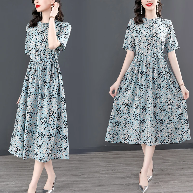 Summer New Women's Dress Plus Size5XL Ice Silk Printing Dresses Female Korean Short-Sleeved Over The Knee Lady |