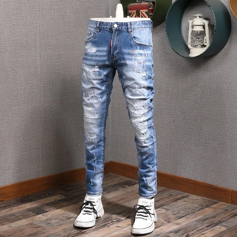 Streetwear Fashion Men Designer Men Jeans Retro Light Blue Elastic Stretch Slim Fit Ripped Jeans Men Korean Vintage Denim Pants