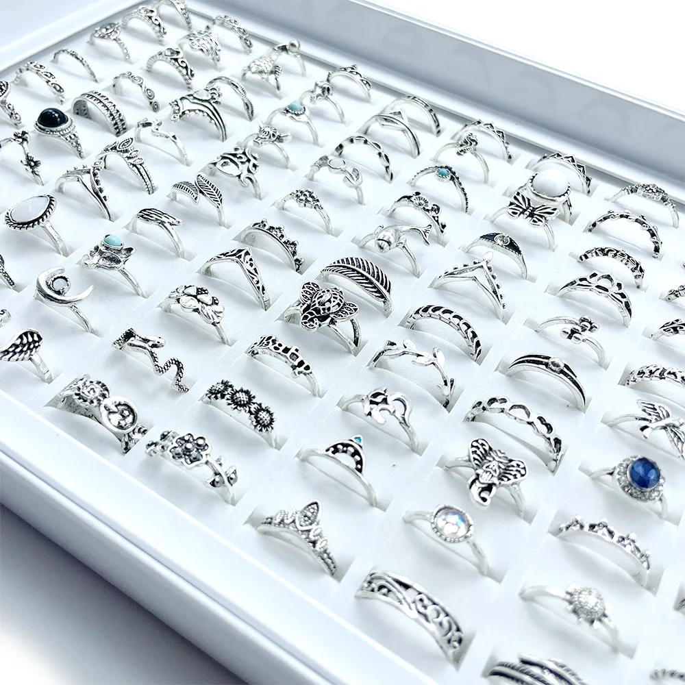 

100pcs/lot Mixed Vintage Bohemian Crystal Animal Crown Silver Color Rings for Women Party Fashion Jewelry Gift Wholesale