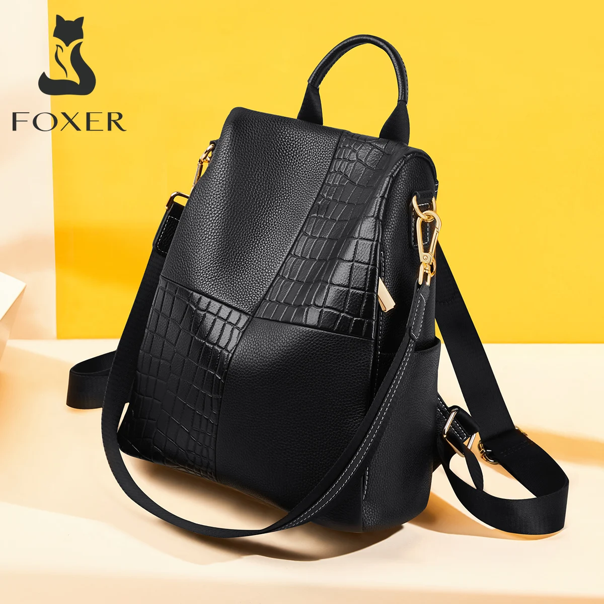 FOXER Girl's College Backpack Large Capacity Women Genuine Leather Satchel Unisex Anti-Theft Travel Rucksack Female Shoulder Bag