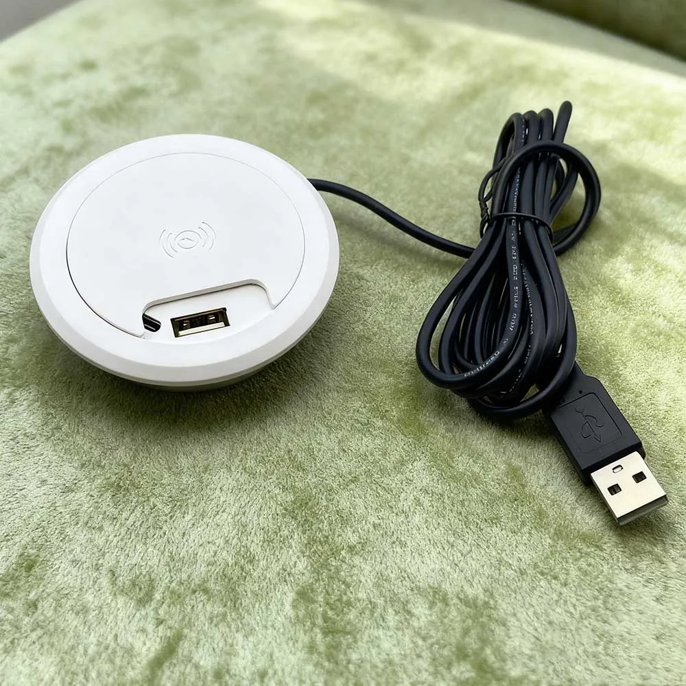 Фото 15 Вт, 5 В, настольная встроенная розетка USB + Type-c, беспроводное зарядное устройство, компьютерный стол, уплотнительная крышка с круглым отверстием, круглая скрытая панель 60 мм №4