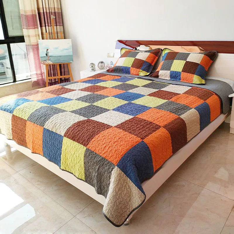 Клетчатое хлопковое одеяло комплект из 3 предметов покрывало на кровать двойное