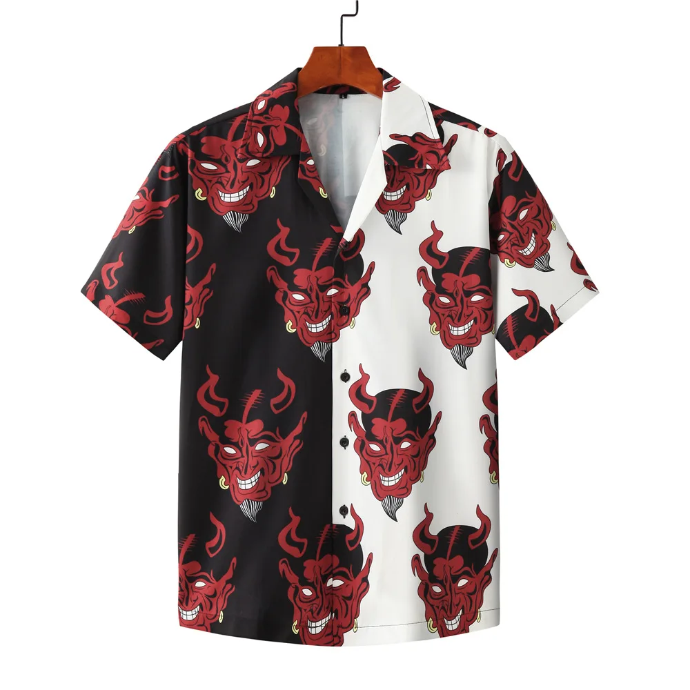 

Hip Hop Street Hawaiian Shirt Men Devil Anime Printed Short Sleeve Splicing Leisure Shirts Beach Holiday Chemise Hawaiienne Homm