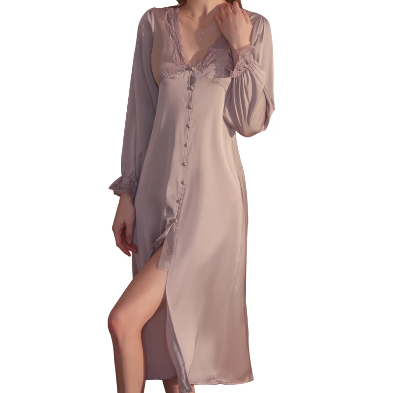 Sexy Mousse 2023 Sexy Night Wear Solid Color Long Pajamas Comfortable Sweet Lace Long Sleeve Robe Women's Homewear Set Sleepwear