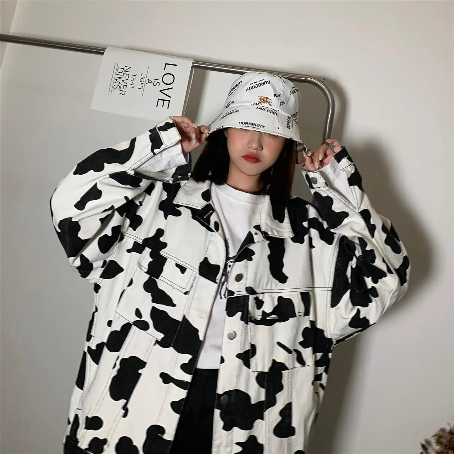 

2021 Spring Fall Indie Korean Vintage Streetwear Loose New Plus Size Coats Women Cow Print Single Breasted Jacket Denim Jacket
