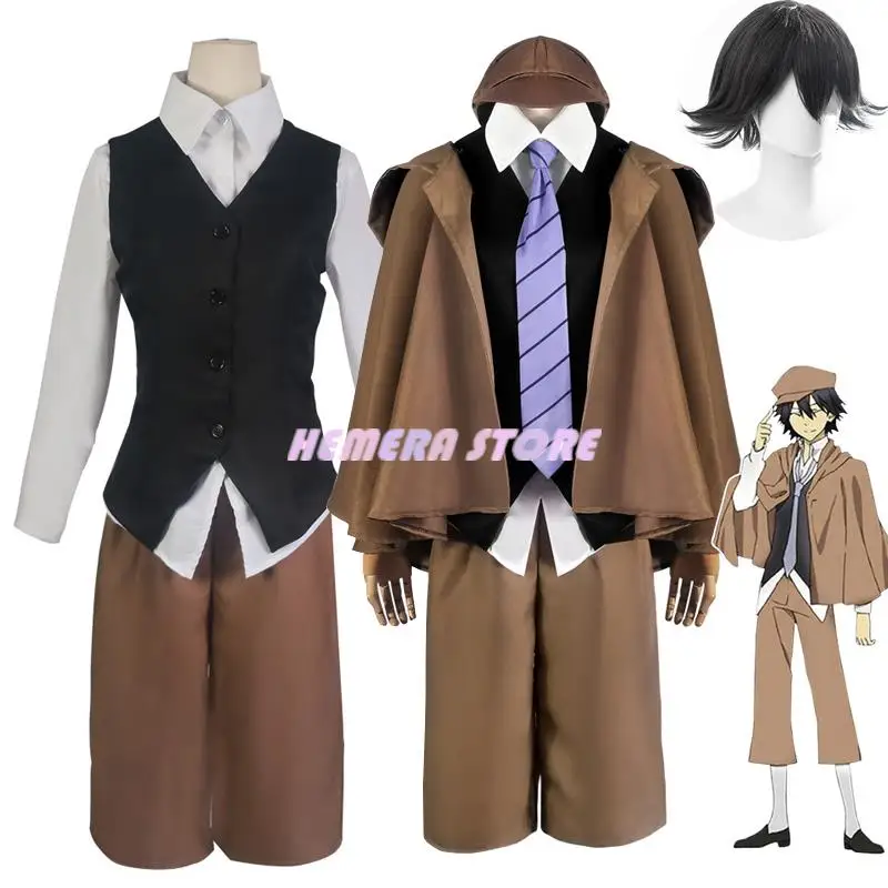 

Ranpo Edogawa Cosplay Costume Wig Anime Bungo Stray Dogs Season 4 Hunting Dog Cloak Hat Glove Jacket Pants Tie Black Short Hair