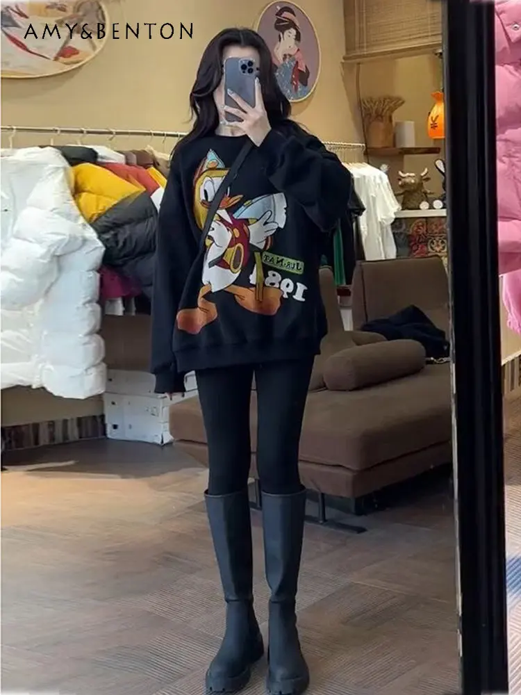 

Women's Small Cartoon Sweatshirt Spring and Autumn New Loose Round Neck Design Sense Niche Top for Ladies Casual Pullover Tops