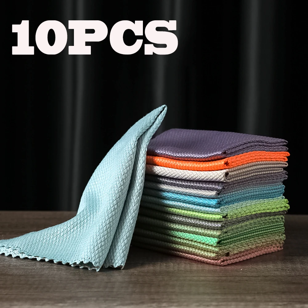 Big 10pcs 30*40cm Luxury Microfiber Glass Polishing Rag Fish Scale Cloth Cleaning Towel for Kitchen Window Car Mirror Household |