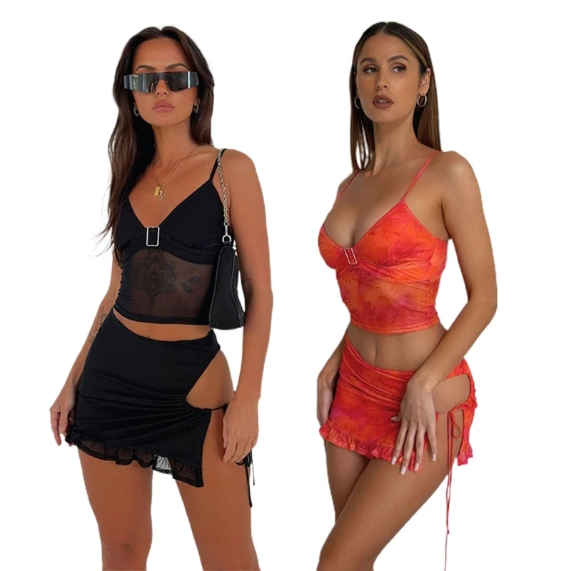 

Womens 2 Piece Outfit Set Y2k Sexy Crop Top Cutout Bodycon Mini Skirt 2Pcs Skirt Set P8DB