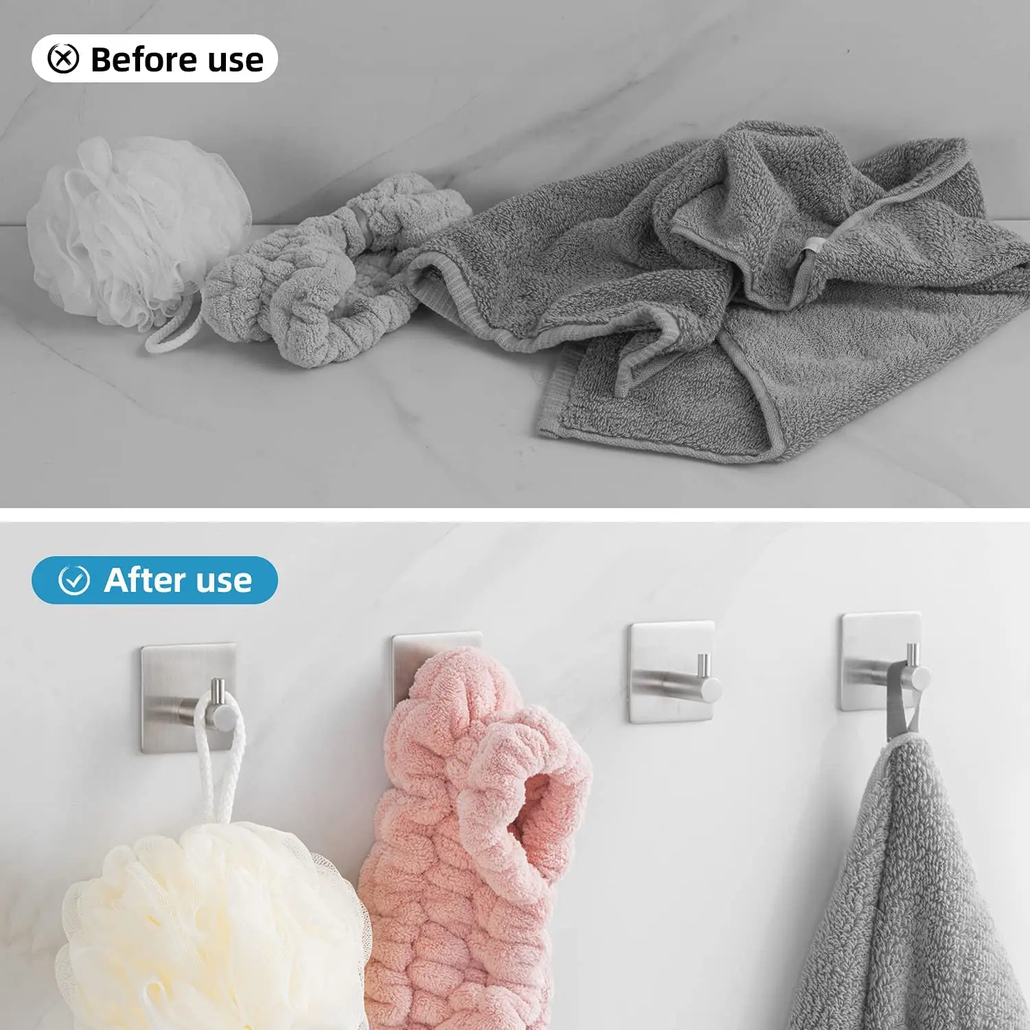 

Square SliverSteel Shower Stick on Wall Hooks for Hanging Towels Waterproof for Bathroom Towel Hanger Brushed Nickel 4 Packs