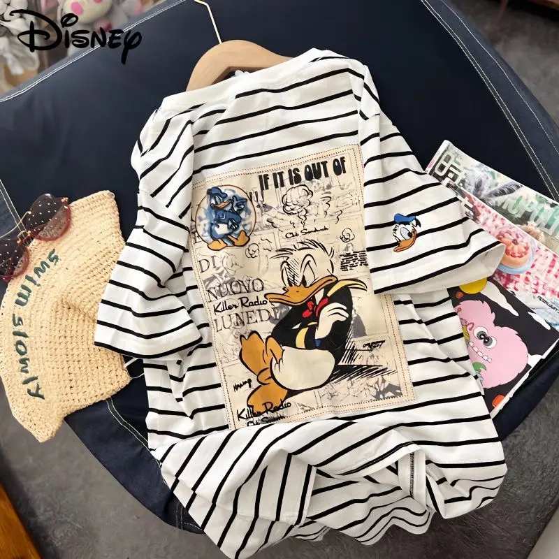 

Disney Donald Duck Cartoon Printed Women T-shirt Korean Anime Embroidery Female Stripe Short Sleeve Y2k Harajuku Girl Tees Tops