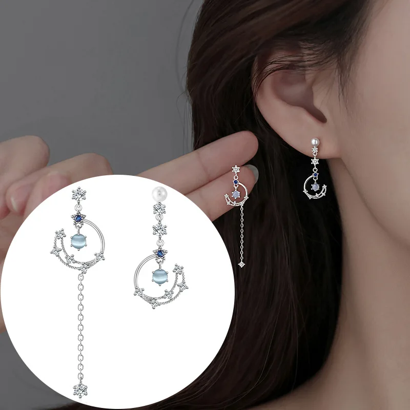 

925 Pure Silver Ear Studs Asymmetrical Geometric Moon Tassel Earrings Women's New Fashion Pearl Zircon Pendant Earrings Jewelry