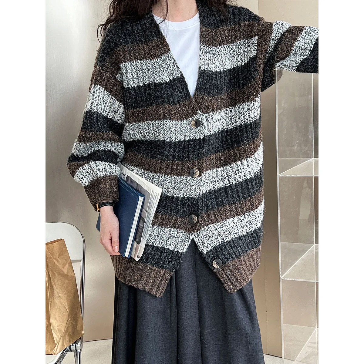 

Oversized Striped Knit Cardigan Sweater Jacket Thickened Winter Dressy Coat