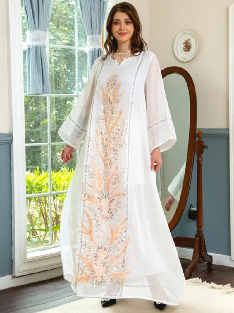 Elegant Casual Floral Embroidery Sequins Beading Long Dress Eid Mubarak Kaftan Dubai Abaya Turkey Muslim Prom Dresses