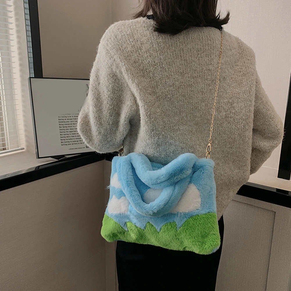 

Женские сумки на осень и зиму, плюшевые меховые сумки через плечо, модная мягкая сумка на плечо с рисунком облаков, сумки-мессенджеры на цепо...