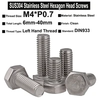 10pcs 25pcs m4p0 7x6mm 40mm din933 sus304 stainless steel external hexagon head bolts screws with left hand thread
