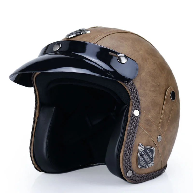 

2022 DOT approved New half face Retro Moto Bike Motorcycle Helmet PU Leather Motorbike Helm Open Face 3/4