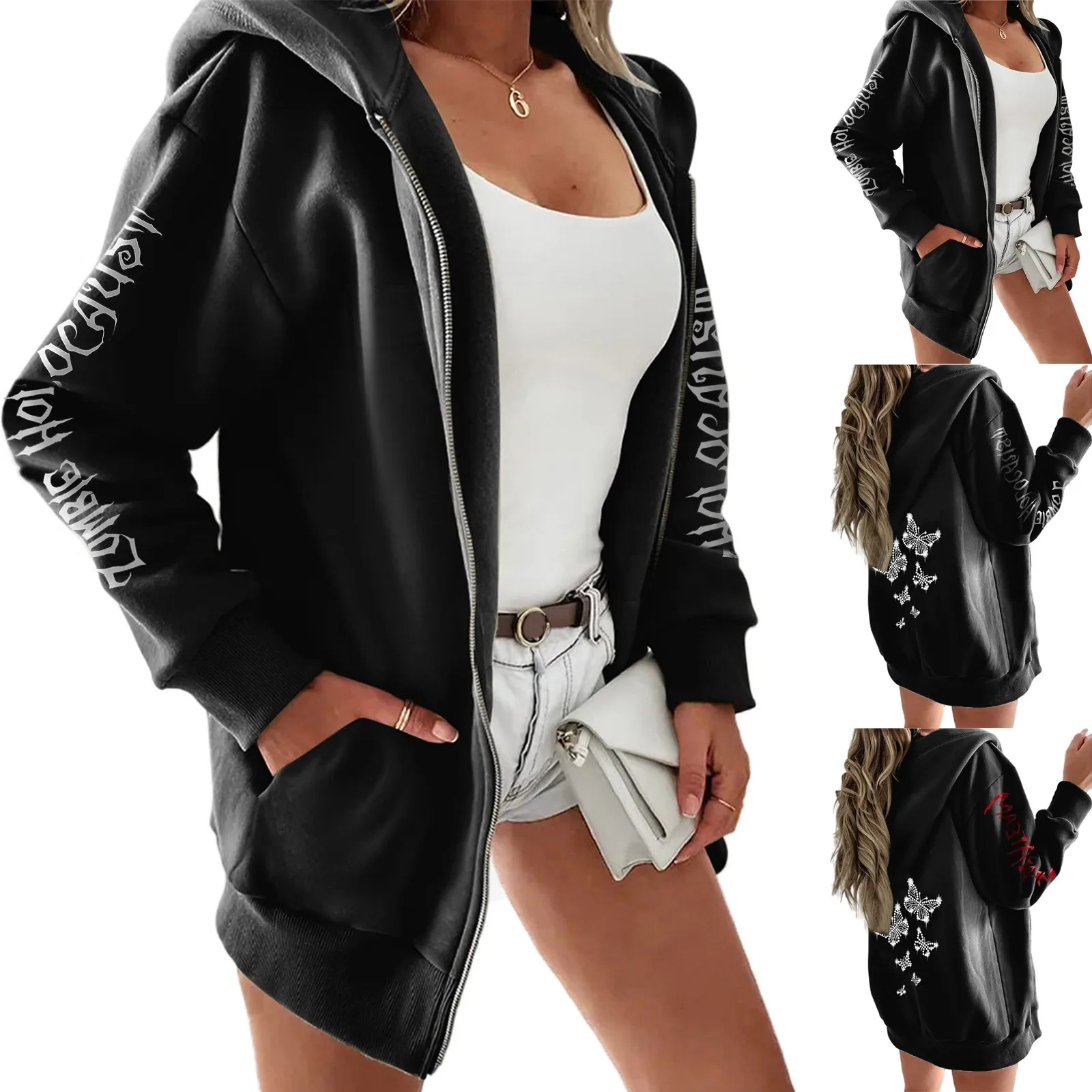 

Womens Casual Long Sleeve Halloween Butterfly Print Zipper Hooded Coat Sweatshirt Tops Zipper Sweater Jacket Women French Vest